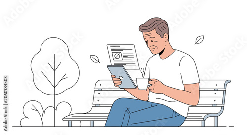 Man sitting on park bench reading tablet and holding coffee cup, enjoying leisure time outdoors