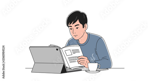 Young man studying or working on a tablet and book with a cup of coffee on a white background