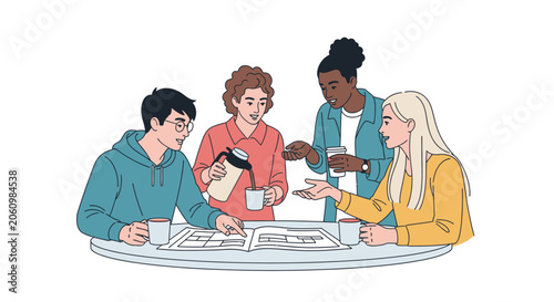 Diverse group of young adults collaborating around a table, sharing coffee and discussing a project.