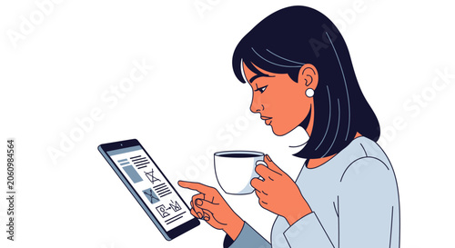 Woman holding a cup of coffee and using a tablet, browsing online content with her finger