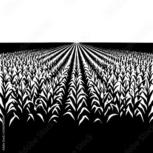 black and white high contrast corn field rows silhouette illustration