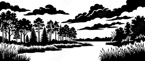 Black and White Nature Landscape Silhouette with Forest Lake and Clouds