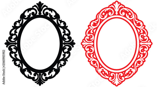 Ornate oval frame silhouette with floral details two color variations silhouette