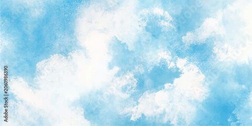Foto A dreamy watercolor sky filled with fluffy white clouds painted across a vibrant blue canvas, evoking a sense of peace and serenity