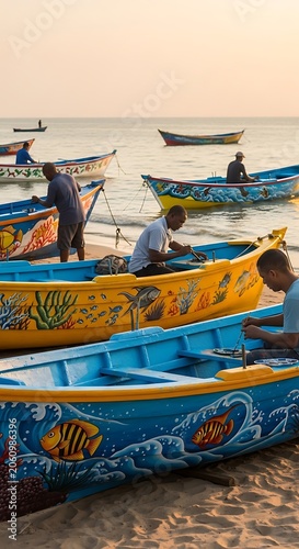 Senegalese fishermen preparing colorful wooden pirogue boats at sunset.