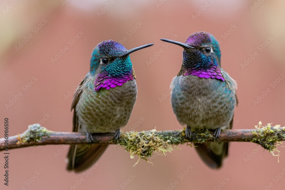 Fototapeta premium The Pair of Hummingbirds with Iridescent Gorgets Resting on a Mossy Branch