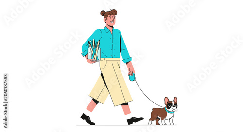 Woman in blue top walking small dog on leash.