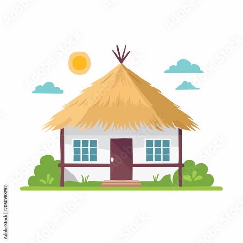 Illustration of a Traditional Thatched Roof Cottage