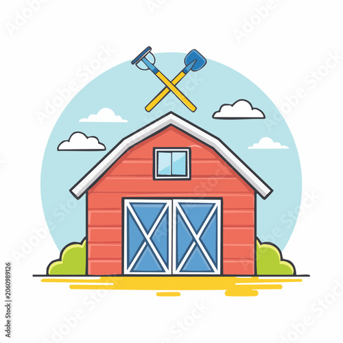 Red Barn with Crossed Shovel and Pitchfork Illustration