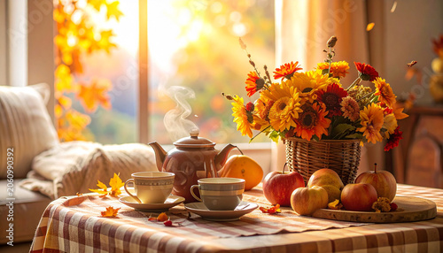 Autumn cozy mood. Fall cozy reading nook with a blanket, bookshelf filled with autumn-themed books, and a cup of tea or hot chocolate.9