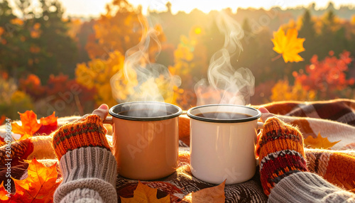 Autumn cozy mood. Fall cozy reading nook with a blanket, bookshelf filled with autumn-themed books, and a cup of tea or hot chocolate.3