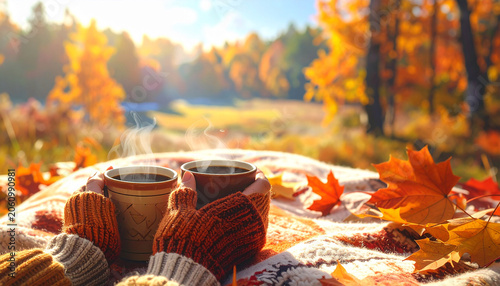 Autumn cozy mood. Fall cozy reading nook with a blanket, bookshelf filled with autumn-themed books, and a cup of tea or hot chocolate.4