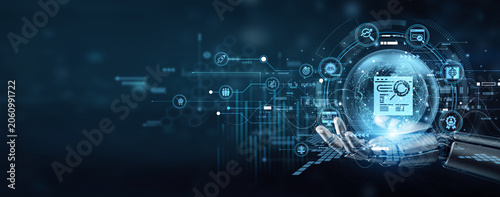 Photos Robot hand precisely hold SEO ranking metrics to boost global website visibility