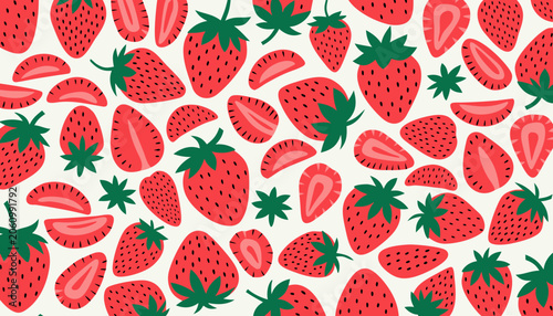 Bild auf Leinwand Seamless pattern with fresh red strawberries whole and sliced fruit background wallpaper