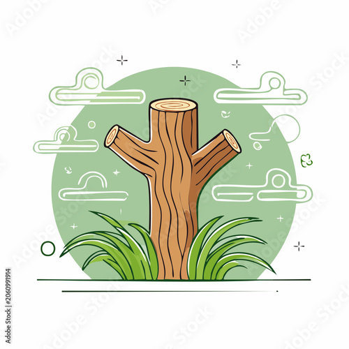 Cartoon Tree Stump with Grass and Clouds