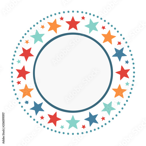 Circular frame with colorful stars and dots on white background