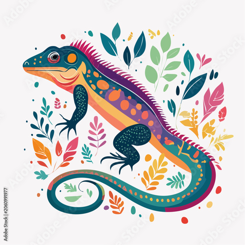 Colorful Iguana Illustration with Floral Elements