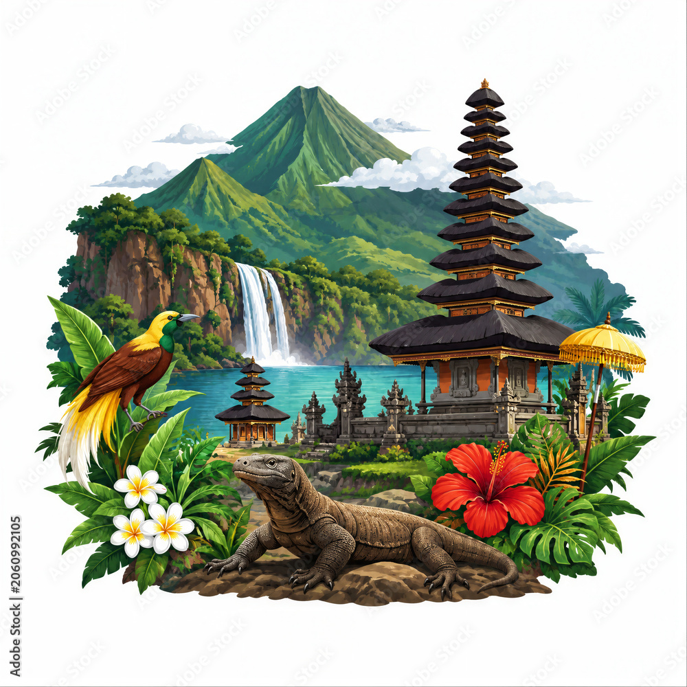 Fototapeta premium Premium Indonesian Tropical Nature Illustration with Volcano, Waterfall, Temple, Komodo Dragon and Exotic Bird