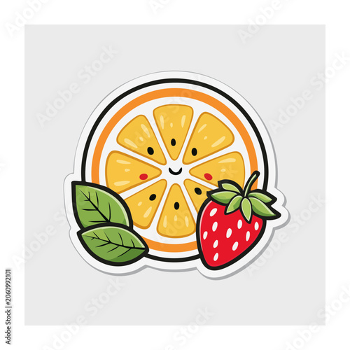 Cute Orange Slice with Strawberry and Leaves Illustration
