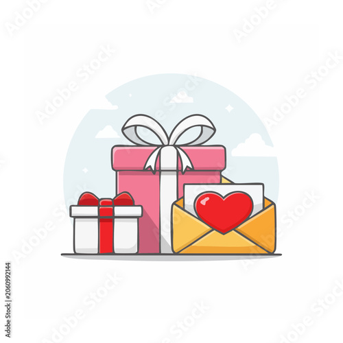 Flat design gift box and envelope with heart illustration