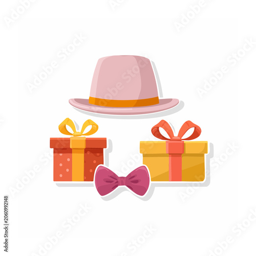 Flat design illustration of gift boxes, hat, and bow tie