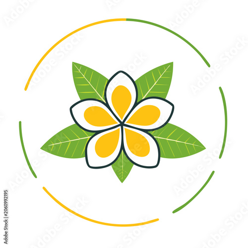 Flat design plumeria flower icon with leaves and circular frame
