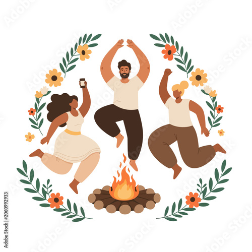 Happy diverse people jumping and dancing around a campfire surrounded by a floral wreath frame in Corporate Memphis vector illustration style
