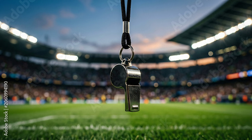 Metal referee whistle hanging over a green soccer stadium pitch during a match