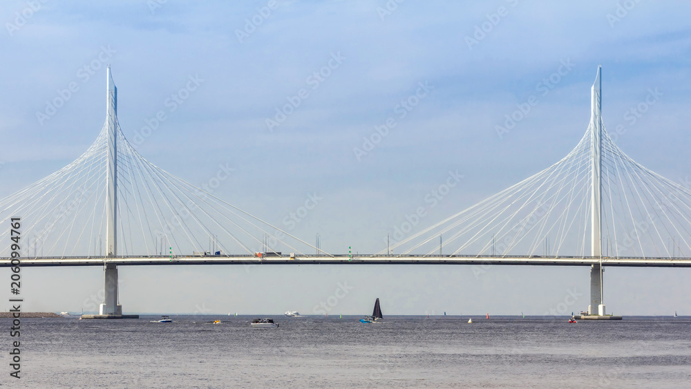 Obraz premium Panoramic cable-stayed bridge across the Petrovsky Fairway, part of the Western High-Speed Diameter transport system in Saint Petersburg, Russia