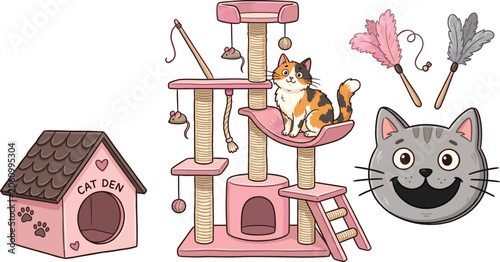 Cat tree scratching post and den house accessory set with cute feline character vector illustration
