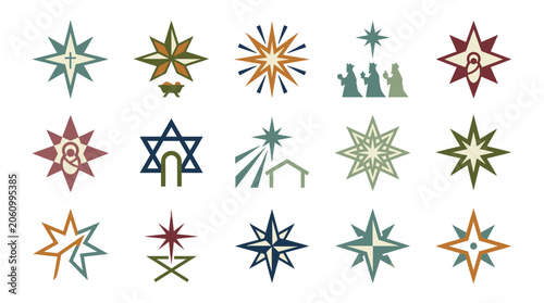 Photos Geometric Bethlehem star and nativity silhouette icons.