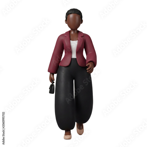 3D Claymorphism Faceless Black Female Entrepreneur Walking Forward Confident Stride Carrying Bag White Background