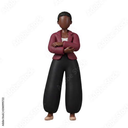 3D Claymorphism Faceless Black Female Entrepreneur Standing Arms Crossed Composed Authoritative Pose White Background