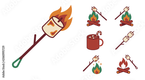 Set of roasting marshmallows and campfire icons