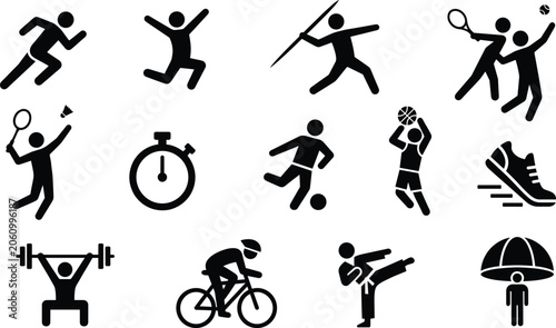 Sports icons set, black athletics pictograms and fitness activity elements vector illustration collection