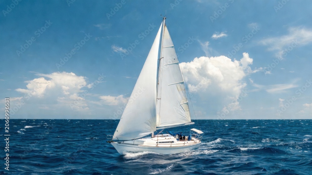 Fototapeta premium Sailboat cruising on calm sea under blue sky with scattered clouds