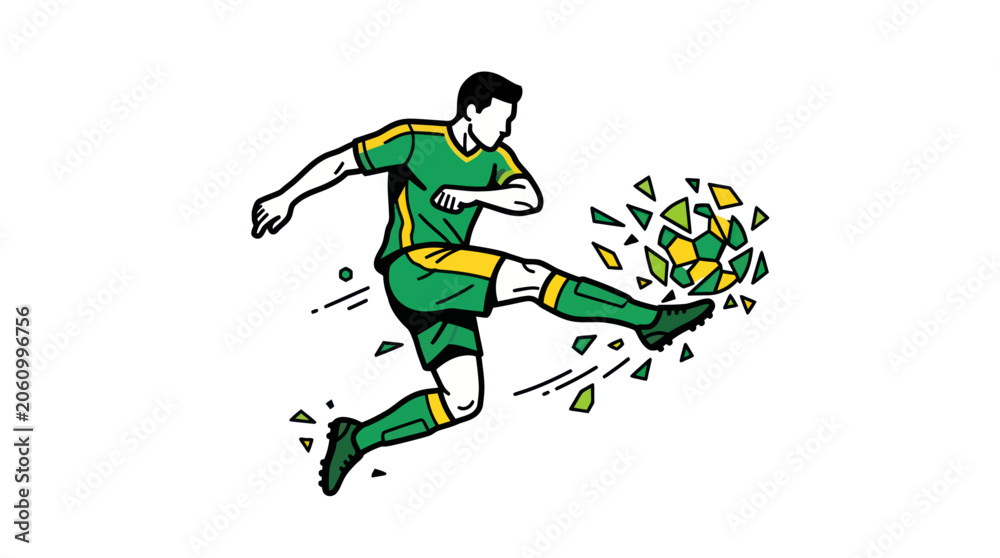 Obraz premium Soccer Player Kicking Shattering Ball Vector Illustration