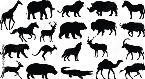 Photography Wild animals silhouette collection, safari and forest wildlife set, fauna icons,