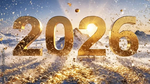 A futuristic gold numeral 2026 standing on a snowy mountain peak with sunshine