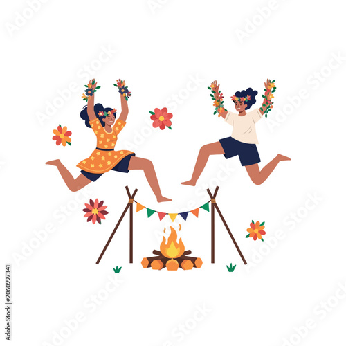 Happy people wearing flower crowns jumping over a bonfire with party bunting garland in Corporate Memphis vector illustration style