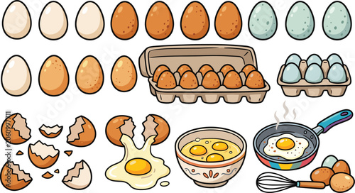 Collection of fresh chicken eggs, egg cartons, broken shells, and cooking elements, vector illustration
