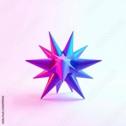 Bright starburst shape. Pink, purple hues blend. Smooth surface reflects light. Minimalist studio lighting creates soft shadows.