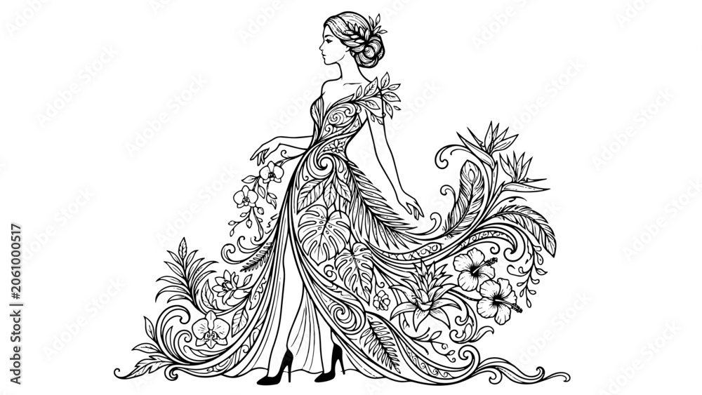 Fototapeta premium Tropical Botanical Fashion Woman Silhouette Exotic Floral Leaf Dress Vector Illustration Design