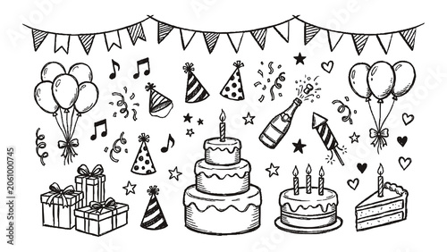 A hand-drawn black and white illustration of various birthday party elements, including balloons, cakes, gift boxes, party hats, music notes, confetti, a champagne bottle, and a firework, arranged in