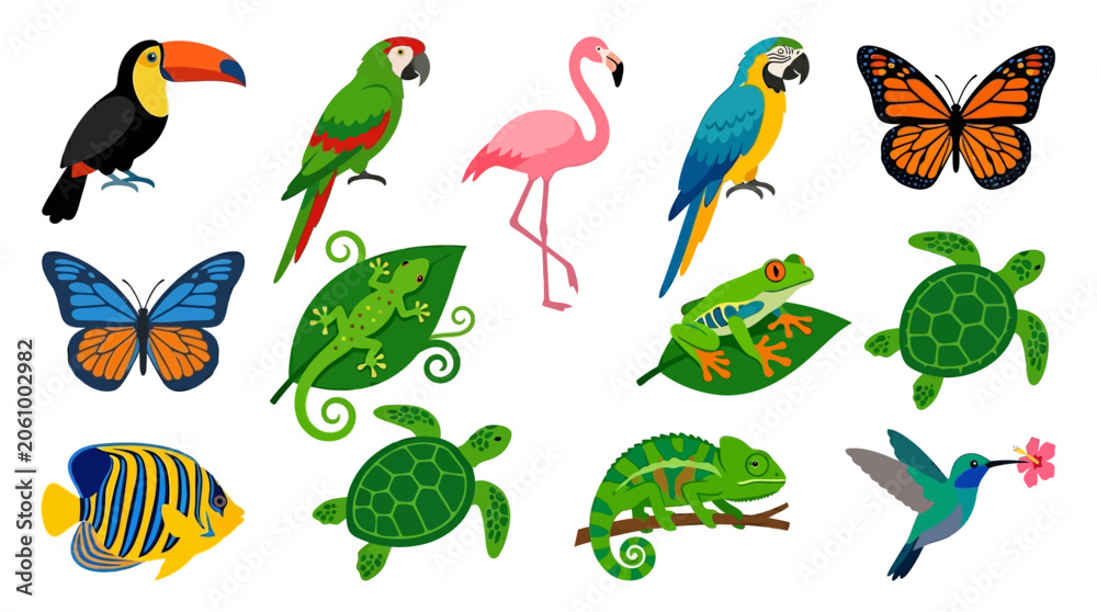 Fototapeta premium Tropical animals collection with exotic birds and jungle wildlife, colorful rainforest creatures set, 13 vector icons of toucan parrot and flamingo