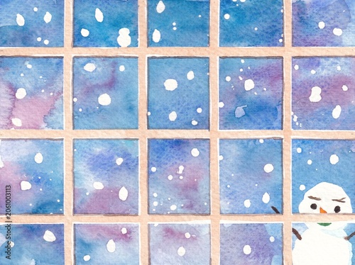 水彩で描いた窓の外の雪景色のイラスト