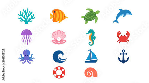 Ocean life icon set with 14 colorful sea animals and nautical symbols. Flat vector marine illustrations of fish, turtle, dolphin, and sailing elements.