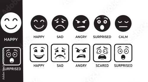 Emotion face icon collection for mood, communication, expression, psychology, feedback, reaction and social media design