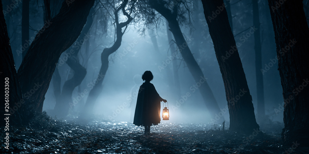 Obraz premium dark gothic forest at night with ghost, eerie ghost in foggy gothic woodland, haunted moonlit forest with spectral child lantern