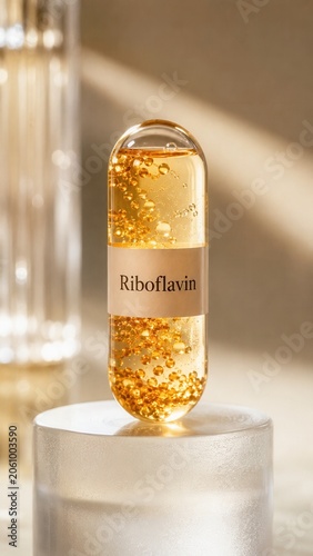 Riboflavin capsule featuring golden beads on a display pedestal in a bright room with soft light during the day